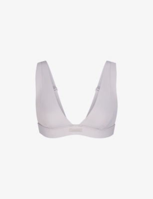 Shop Skims Women's Chrome Signature Swim Plunge Stretch Recycled-nylon Bikini Top