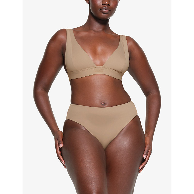 Shop Skims Women's Desert Signature Swim Plunge Stretch Recycled-nylon Bikini Top