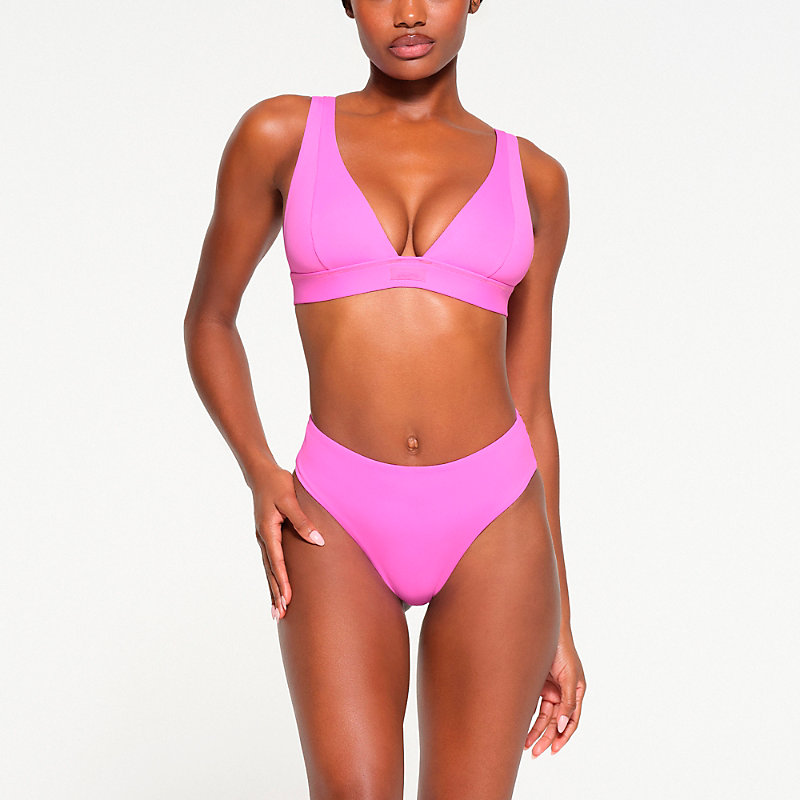 Shop Skims Signature Swim Plunge Stretch Recycled-nylon Bikini Top In Neon Orchid
