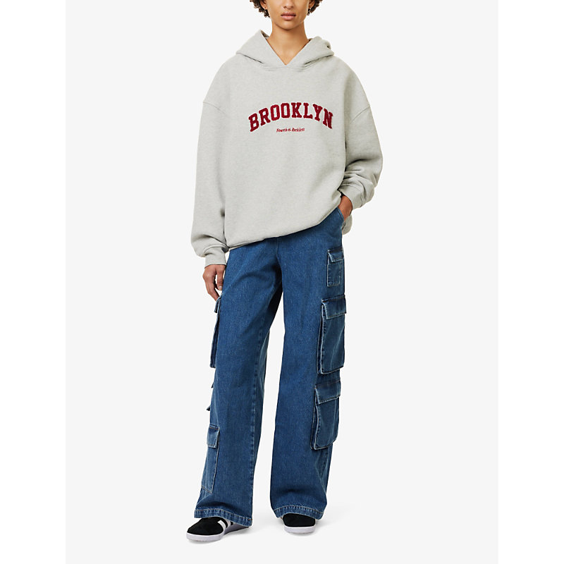 Shop 4th & Reckless Women's Grey Brooklyn Text-embroidered Cotton-jersey Hoody