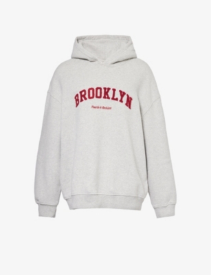 4th & Reckless Brooklyn Text-embroidered Cotton-jersey Hoody In Grey