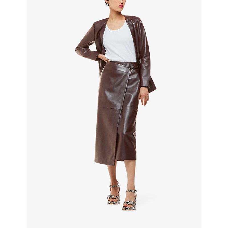 Shop Whistles Women's Brown Josie Wrap Leather Midi Skirt