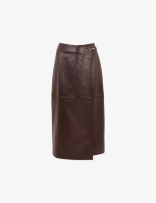 Whistles Womens Brown Josie Wrap Leather Midi Skirt