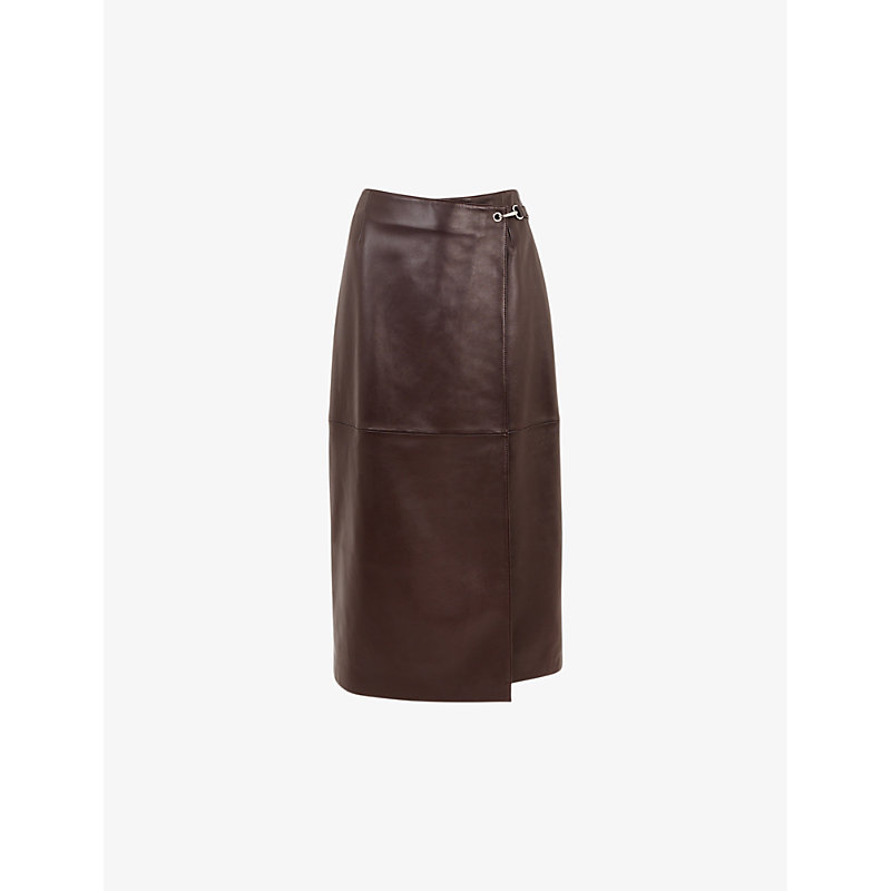 Whistles Womens Brown Josie Wrap Leather Midi Skirt