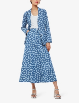 WHISTLES WOMENS BLUE DAISY-MOTIF A-LINE DENIM MAXI SKIRT 