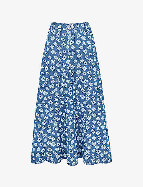 WHISTLES: Daisy-motif A-line denim maxi skirt
