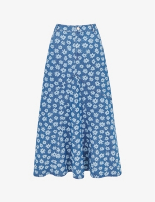 Whistles Womens Blue Daisy-motif A-line Denim Maxi Skirt