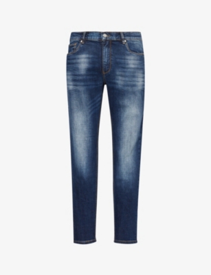 Shop Arne Men's Dark Blue Belt-loops Brand-patch Tapered-leg Slim-fit Stretch-denim Jeans