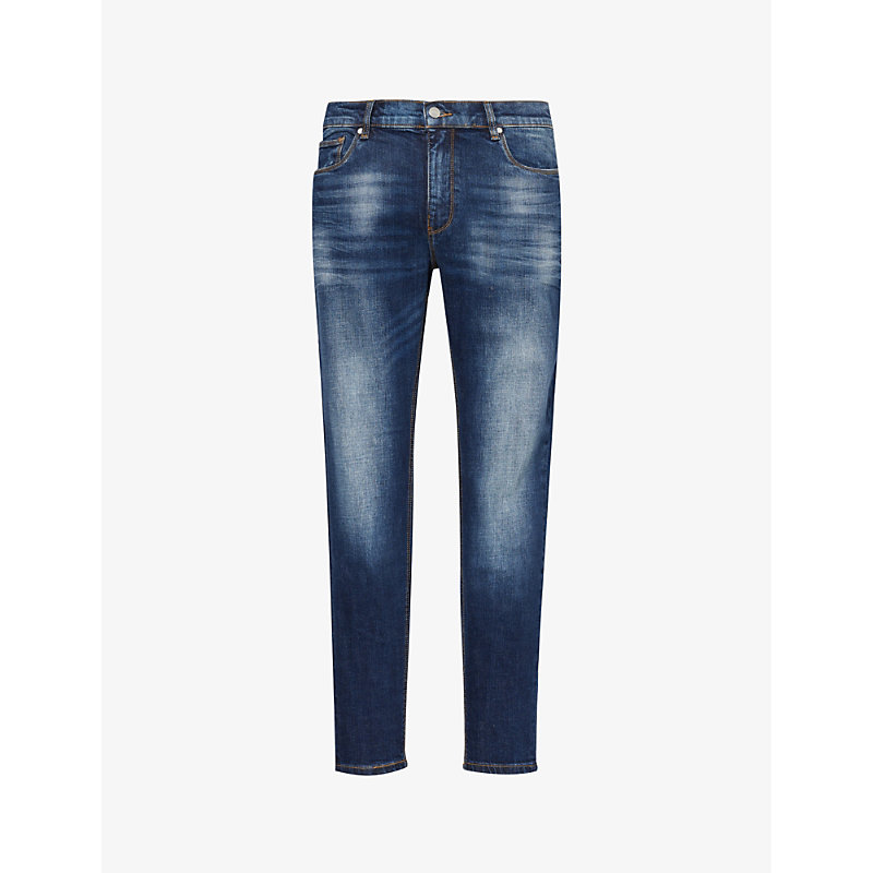 Shop Arne Mens Dark Blue Belt-loops Brand-patch Tapered-leg Slim-fit Stretch-denim Jeans