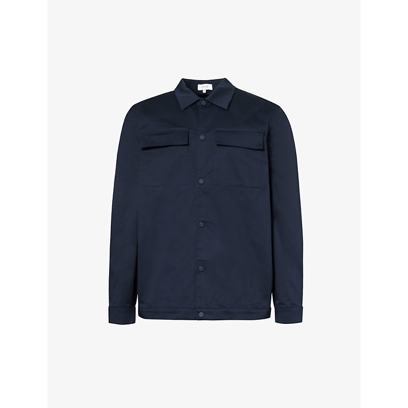 Shop Arne Mens Navy Essential Flap-pocket Regular-fit Stretch-cotton Overshirt