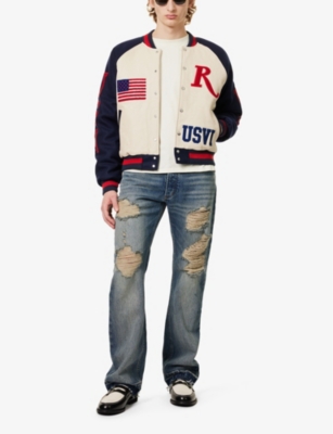 Shop Rhude Mens Ivory And Navy St Croix Brand-appliqué Leather Jacket