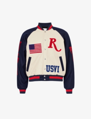 Shop Rhude Men's Ivory And Navy St Croix Brand-appliqué Leather Jacket