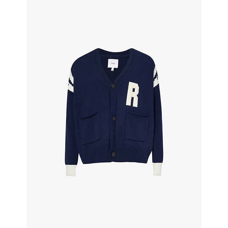 Shop Rhude Men's Navy Lightning Brand-appliqué Cotton Cardigan