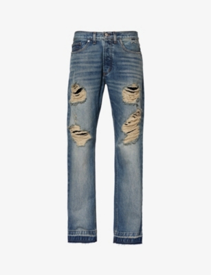 Shop Rhude Beach Bum Distressed Regular-fit Straight-leg Jeans In Dark Indigo