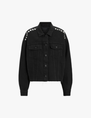 ALLSAINTS WOMENS BLACK PIPER STUD-EMBELLISHED OVERSIZED DENIM JACKET 