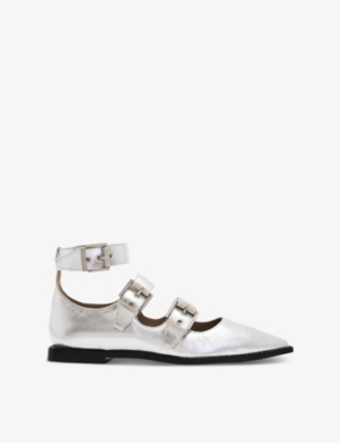 Shop Allsaints Womens Silver Susan Buckle-embellished Metallic Leather Ballet Flats