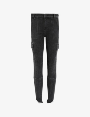 Allsaints Womens Washed Black Duran Asymmetric-hem High-rise Stretch-denim Skinny Jeans