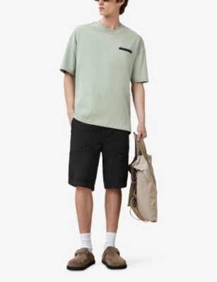 Allsaints Mens Mineral Green Redact Embroidered-box Organic-cotton T-shirt