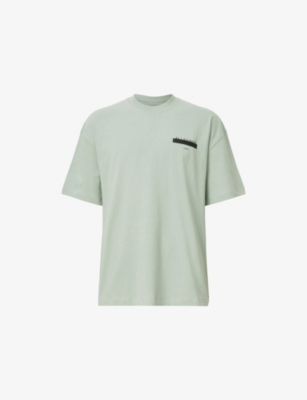 Allsaints Mens Mineral Green Redact Embroidered-box Organic-cotton T-shirt
