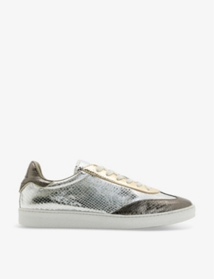 Allsaints Womens Silverthelma Logo-embossed Metallic Leather Low-top Trainers In Silver Multi