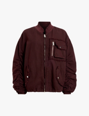 Shop Allsaints Womens Dark Wine Red Rue Patch-pocket Cotton And Linen Bomber Jacket