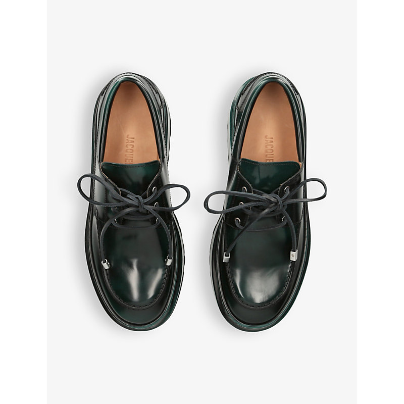 Shop Jacquemus Les Bateau Pavane Notched-sole Leather Platform Boat Shoes In Dark Green