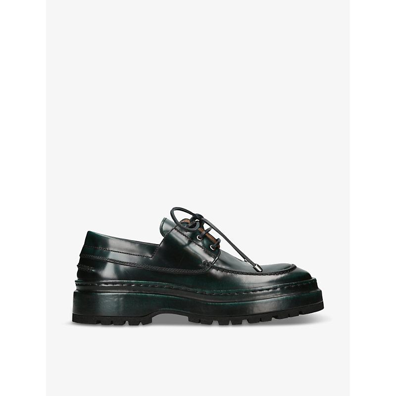 Shop Jacquemus Men's Dark Green Les Bateau Pavane Notched-sole Leather Platform Boat Shoes