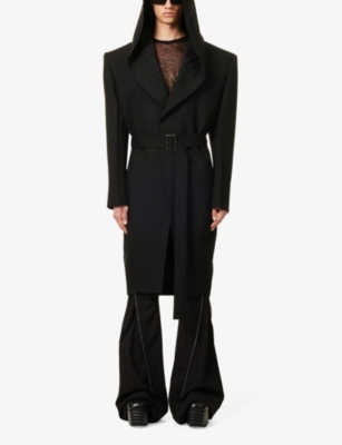 Shop Rick Owens Lido Padded-shoulder Shawl-neck Wool Hooded Coat In Black