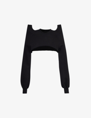 Rick Owens Mens Black Sculptural-shoulder Cropped Cotton-jersey Sweatshirt