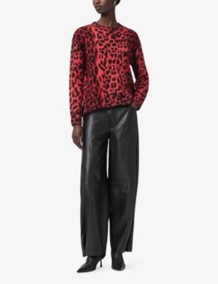 Allsaints Womens Crimson Red Lex Leopard-print Relaxed-fit Knitted Jumper In Red