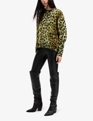 Shop Allsaints Womens Electric Yello Lex Leopard-print Relaxed-fit Knitted Jumper