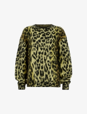 Allsaints Womens Electric Yello Lex Leopard-print Relaxed-fit Knitted Jumper