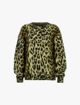 Shop Allsaints Womens Electric Yello Lex Leopard-print Relaxed-fit Knitted Jumper