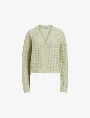 Allsaints Vivian Open Stitch V-neck Cardigan In Earth Green