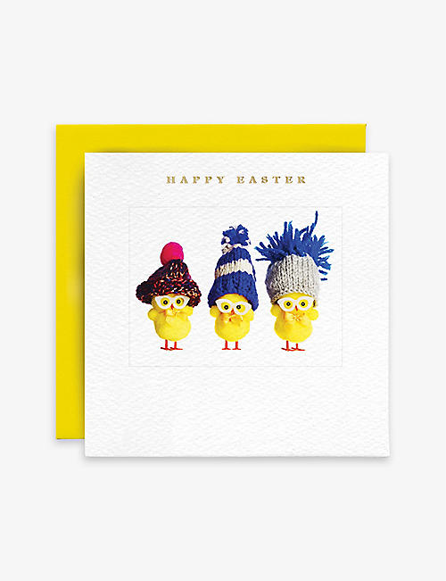 SUSAN O'HANLON: Chicks In Woolly Hats Happy Easter greetings card 14.6cm x 14.6cm