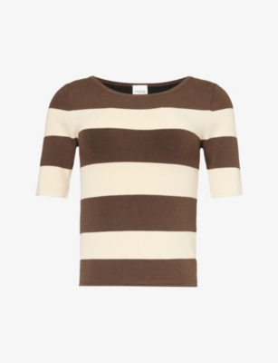 Shop Posse Theo Striped Knitted Top In Choc/cream