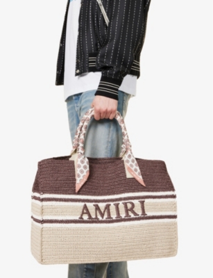 Shop Amiri Dark Brown Brand-embroidered Striped Raffia Tote Bag