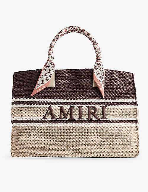 AMIRI: Brand-embroidered striped raffia tote bag