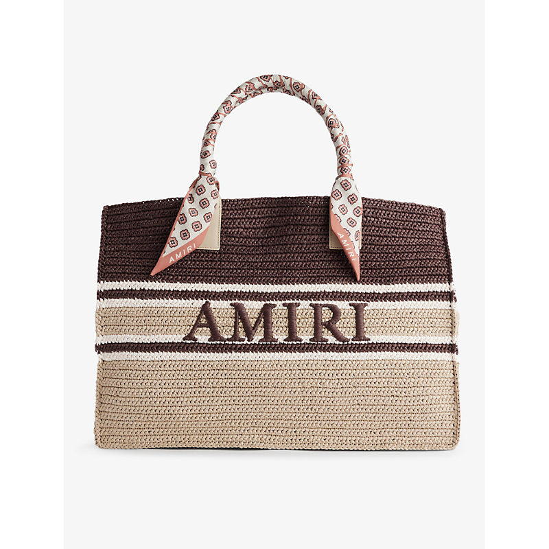 Shop Amiri Dark Brown Brand-embroidered Striped Raffia Tote Bag