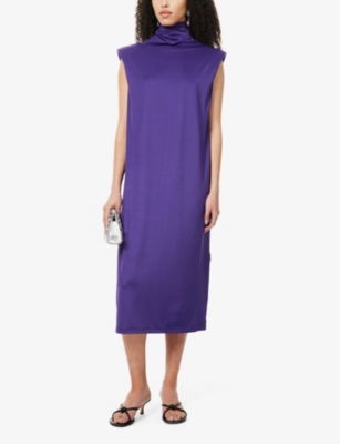 Shop Leem Womens Dark Purpl High-neck Stretch-satin Midi Dress