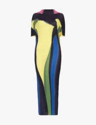 LEEM: Abstract-print plisse woven maxi dress