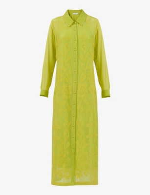 Leem Womens Yellow Embroidered-lace Shirt Woven Midi Dress