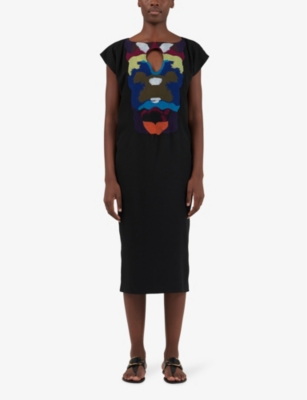 Shop Leem Women's Black Embroidered-neck Short-sleeve Woven Midi Dress