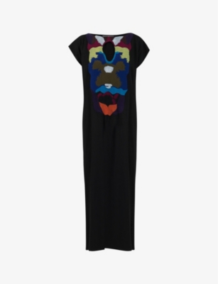 Leem Womens Black Embroidered-neck Short-sleeve Woven Midi Dress
