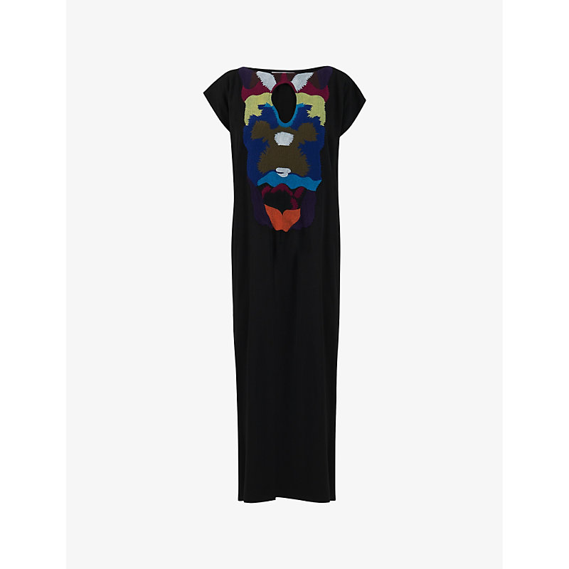 Leem Womens Black Embroidered-neck Short-sleeve Woven Midi Dress