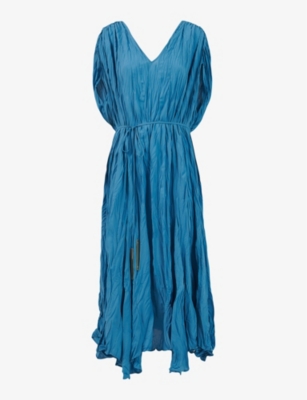 Shop Leem Women's Dark Blue Organic Pleated Woven Midi Dress