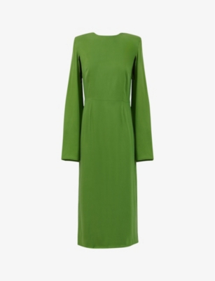 Leem Womens Olive Marked-waist Split-sleeves Stretch-woven Midi Dress