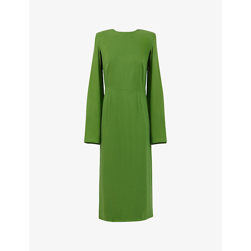 Leem Womens Olive Marked-waist Split-sleeves Stretch-woven Midi Dress