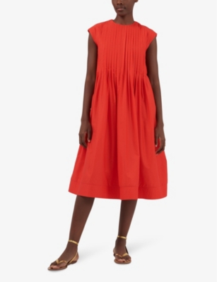 Shop Leem Women's Orange Dropped-shoulder Pleated Cotton-blend Midi Dress