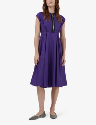 Shop Leem Womens Purple Zip-embellished Pleated Cotton Midi Dress
